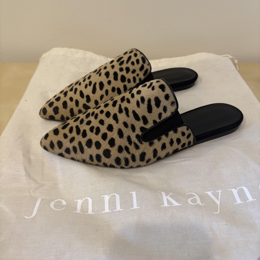 Jenni Kayne Shoes Womens Size 38 Leopard‎ Calf Hair Mules Flats Slip On Italy